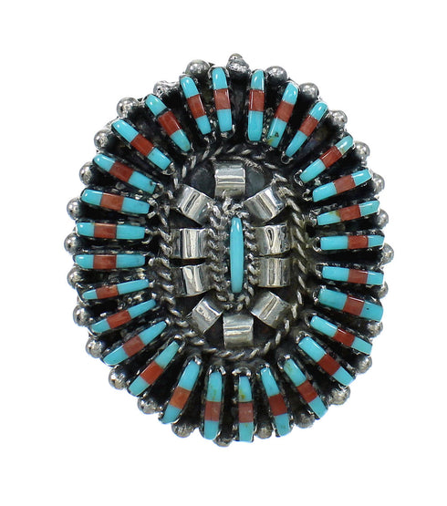 Turquoise And Coral Needlepoint Sterling Silver Ring Size 6-1/2 FX91958